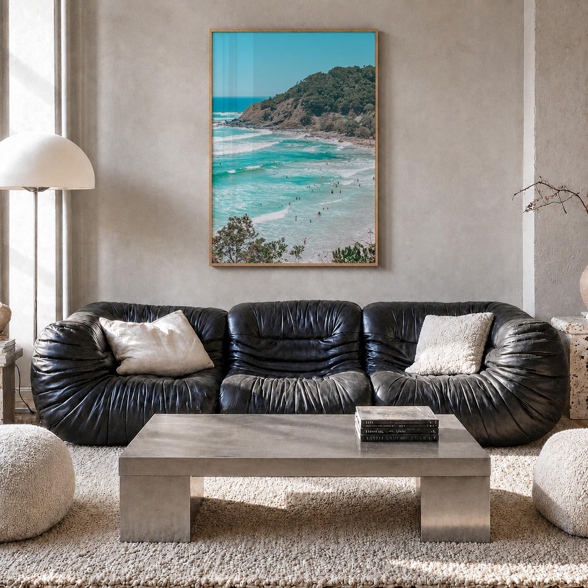 Byron Bay colorful photo poster of New South Wales, Australia – vertical wall art in natural wood frame, hanging on wall