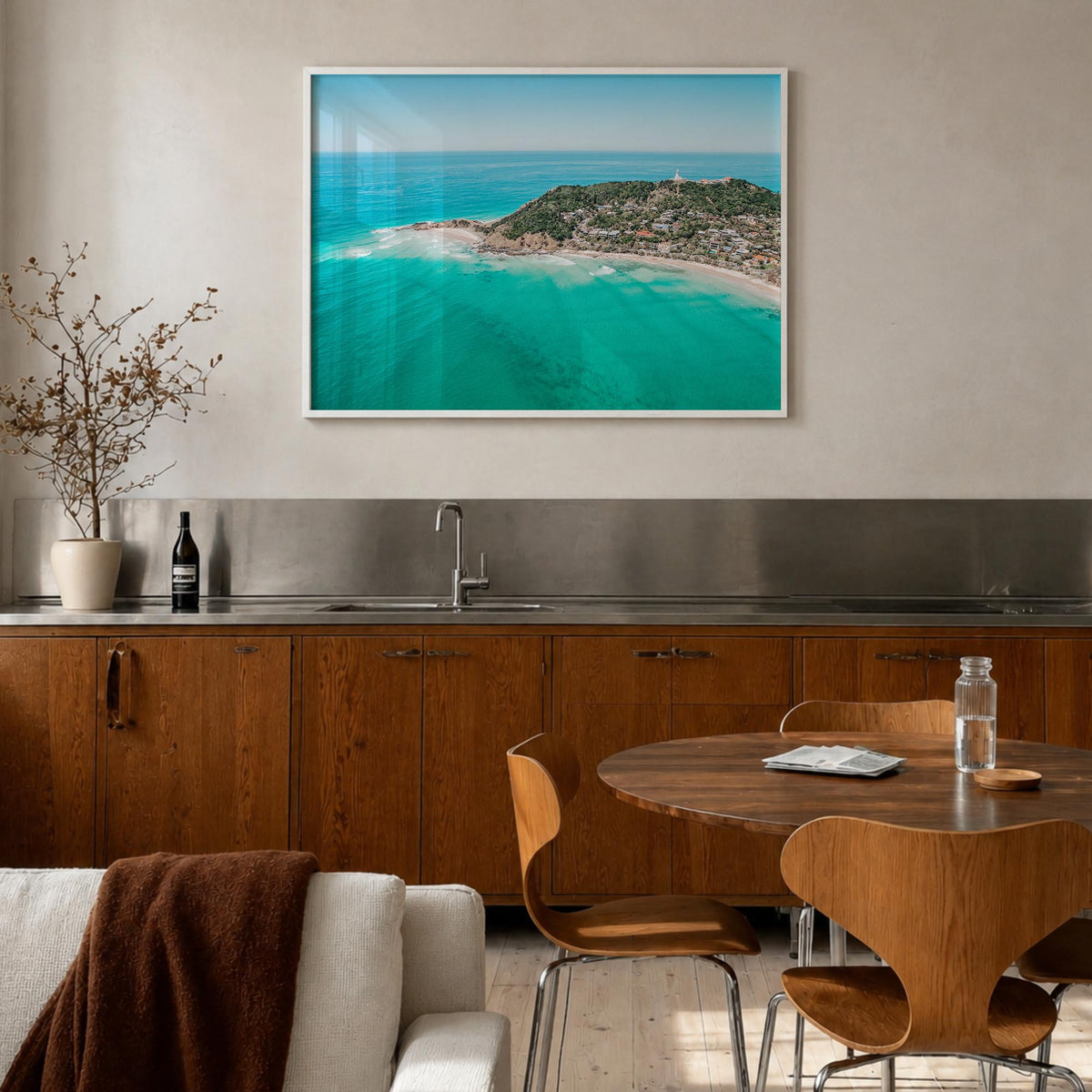 Byron Bay colorful photo poster of New South Wales, Australia – horizontal wall art in white wood frame, hanging on wall