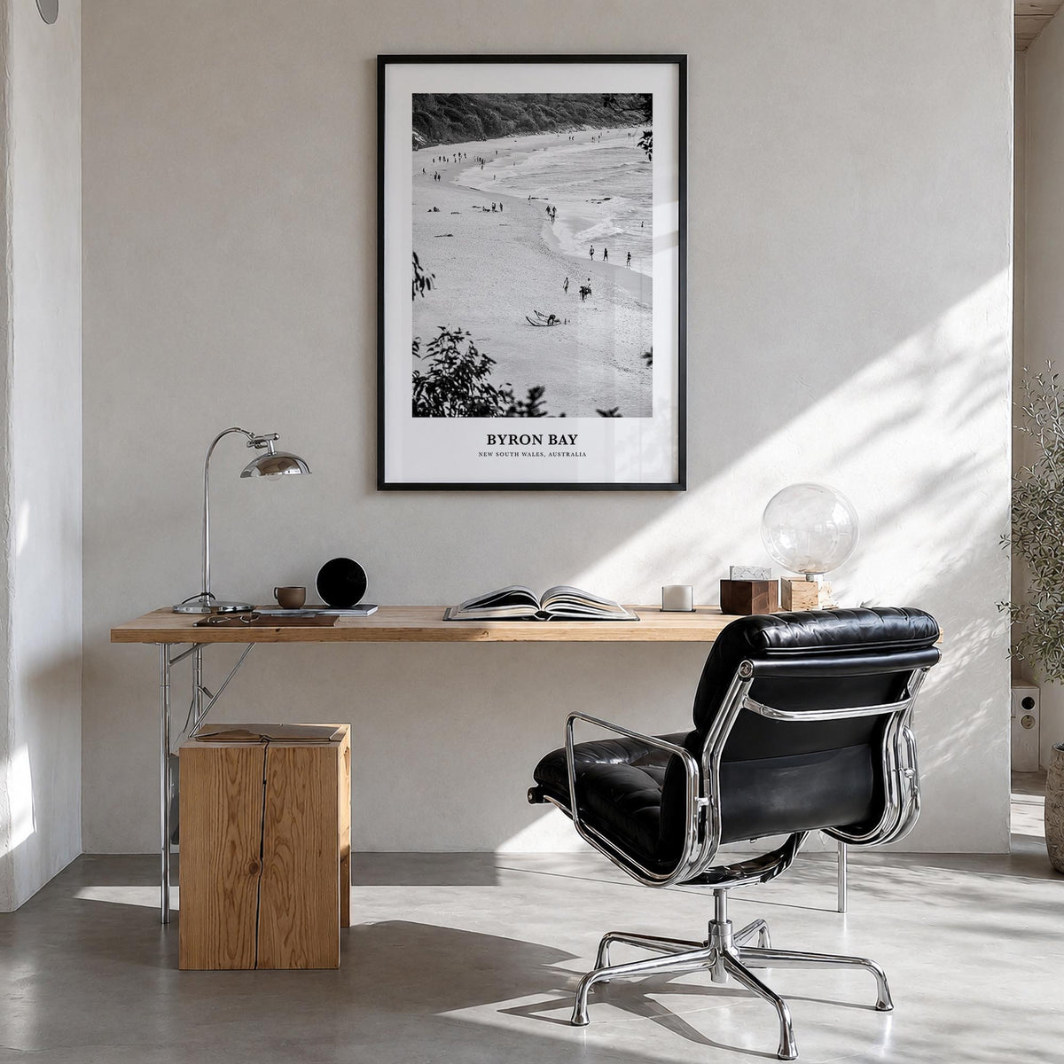 Byron Bay no. 1 black & white classic poster of New South Wales, Australia – vertical wall art in black wood frame, hanging o