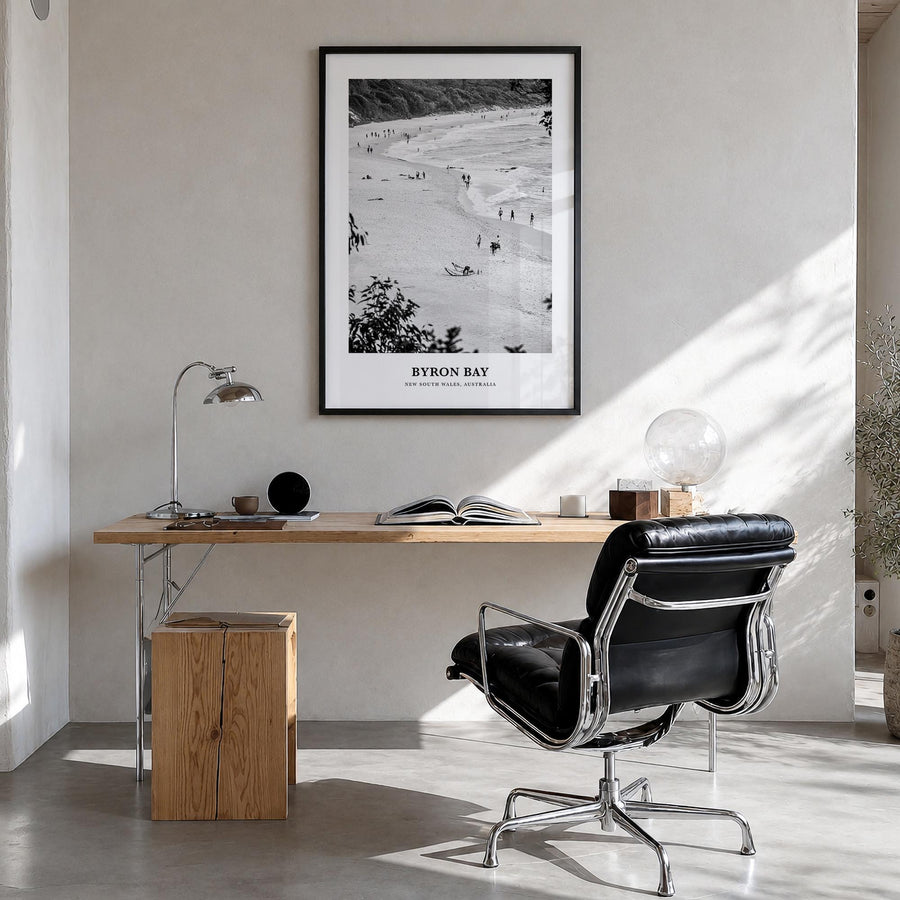 Byron Bay no. 1 black & white classic poster of New South Wales, Australia – vertical wall art in black wood frame, hanging o