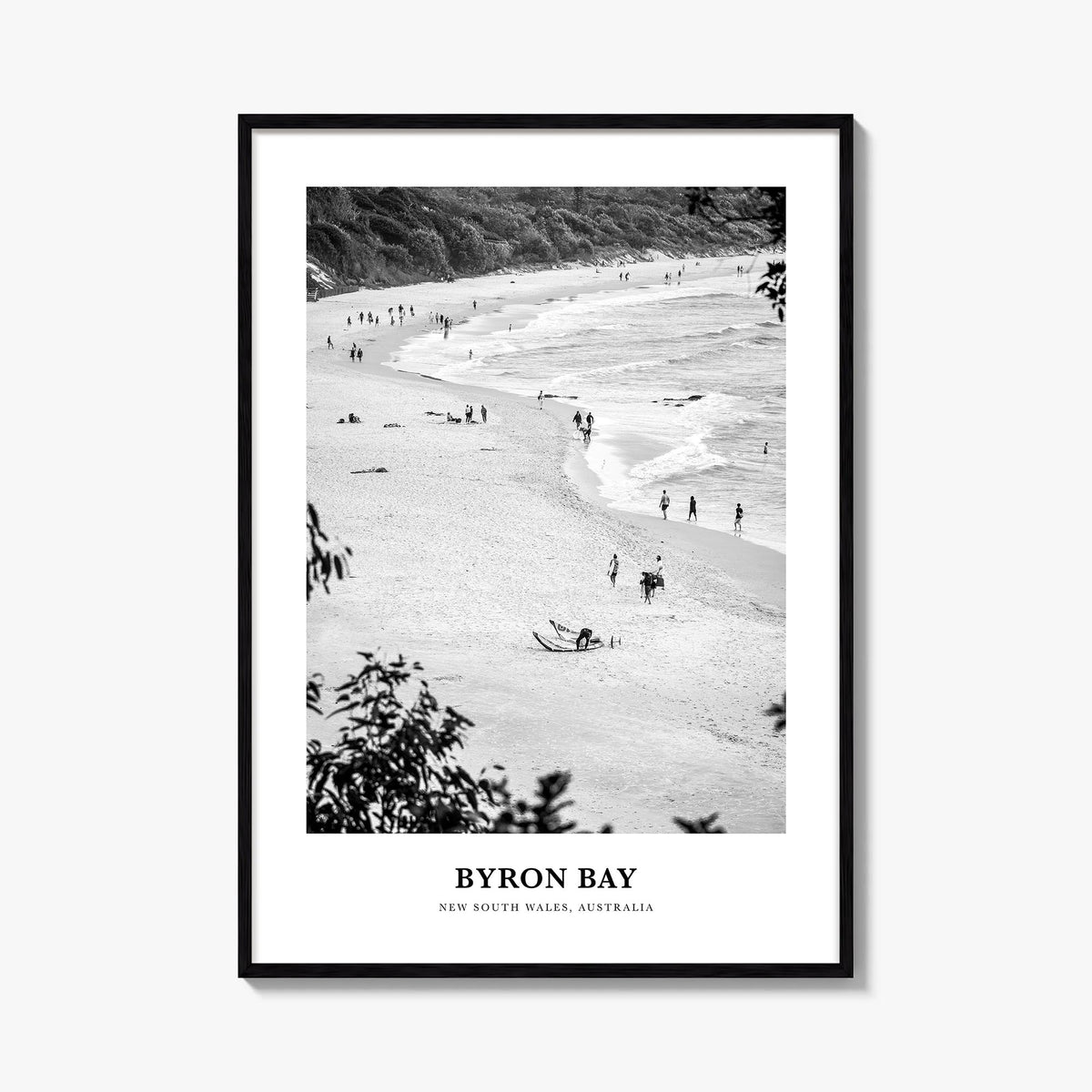 Byron Bay no. 1 black & white classic poster of New South Wales, Australia – vertical wall art, unframed print shown in inter