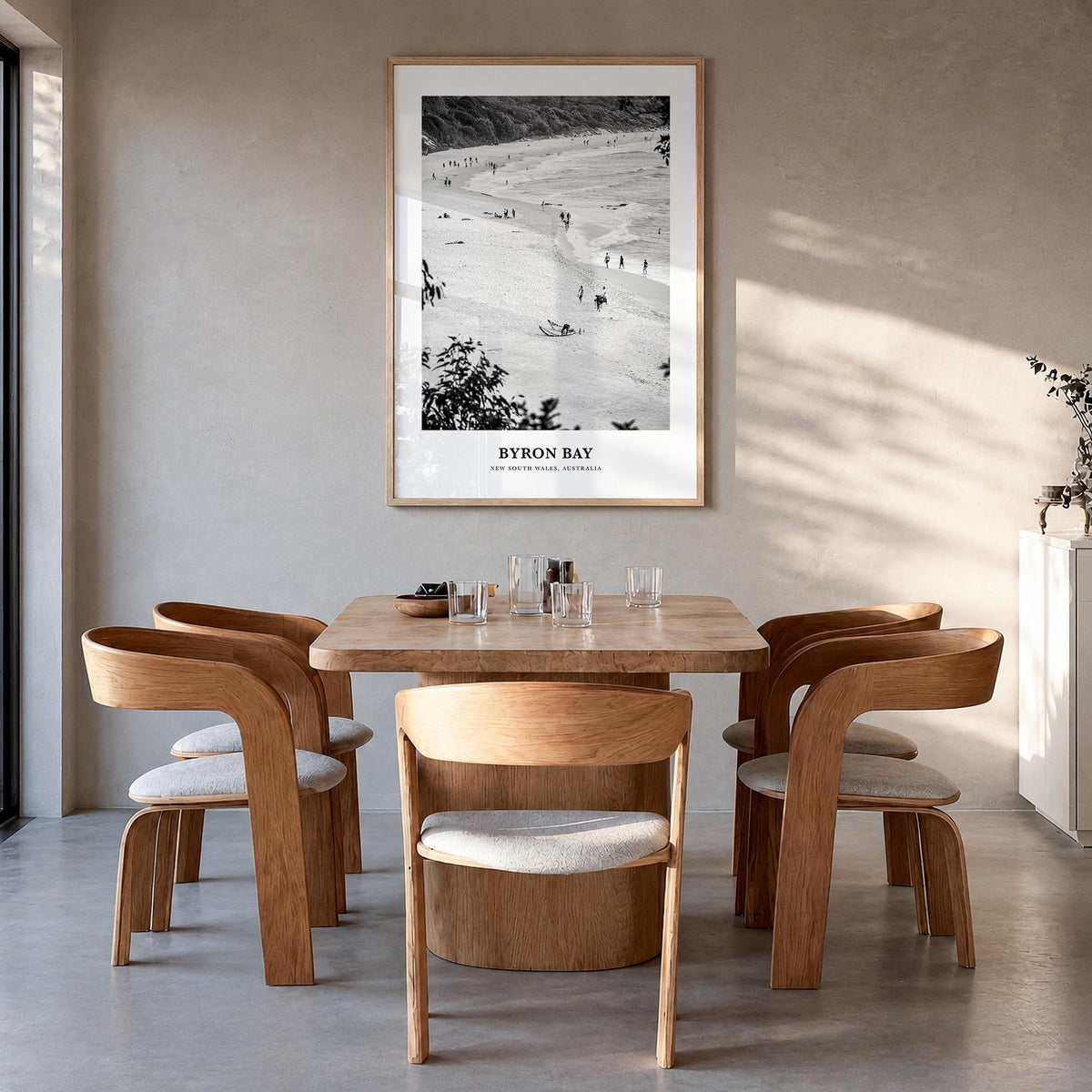 Byron Bay no. 1 black & white classic poster of New South Wales, Australia – vertical wall art in natural wood frame, hanging