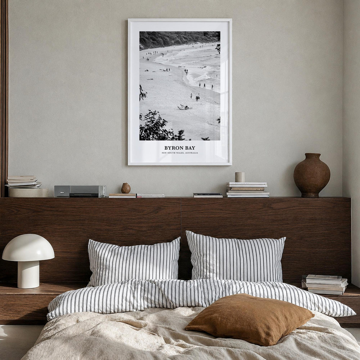 Byron Bay no. 1 black & white classic poster of New South Wales, Australia – vertical wall art in white wood frame, hanging o