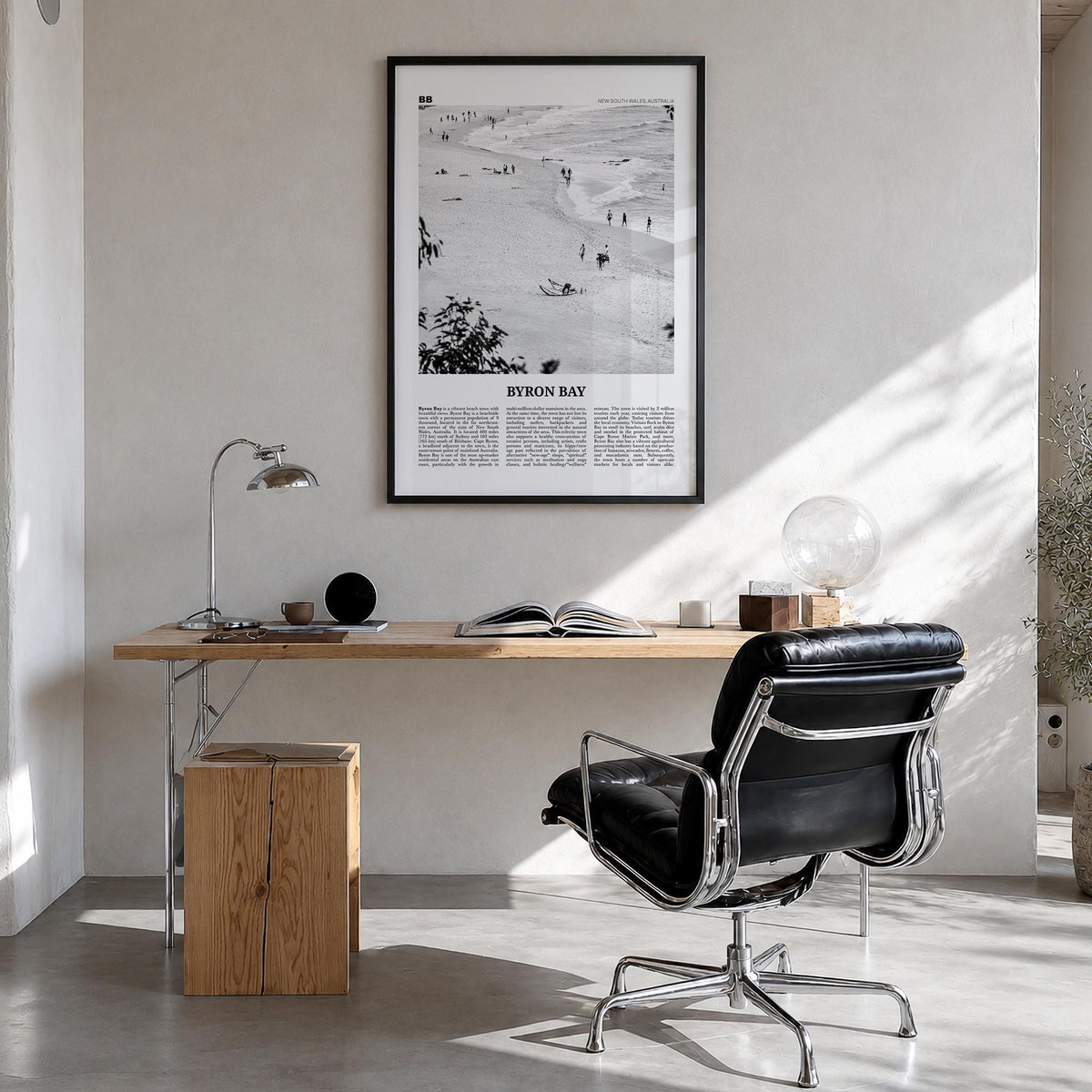Byron Bay no. 1 black & white newspaper poster of New South Wales, Australia – vertical wall art in black wood frame, hanging