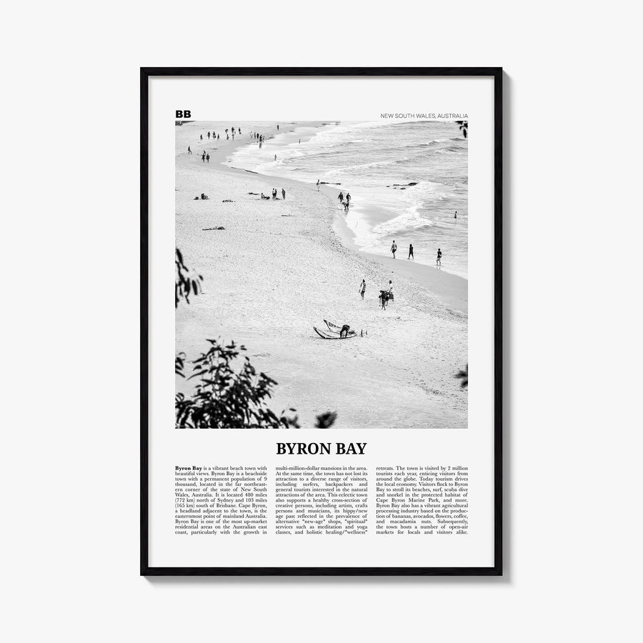 Byron Bay no. 1 black & white newspaper poster of New South Wales, Australia – vertical wall art, unframed print shown in int