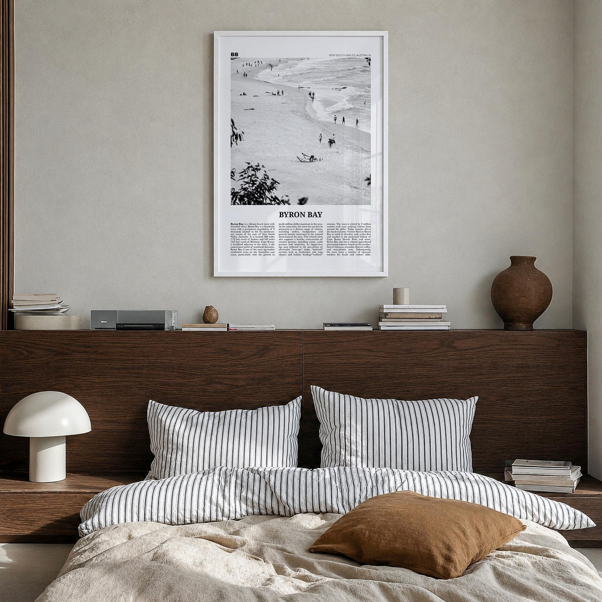 Byron Bay no. 1 black & white newspaper poster of New South Wales, Australia – vertical wall art in white wood frame, hanging