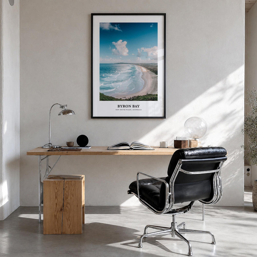 Byron Bay no. 1 colorful classic poster of New South Wales, Australia – vertical wall art in black wood frame, hanging on wal