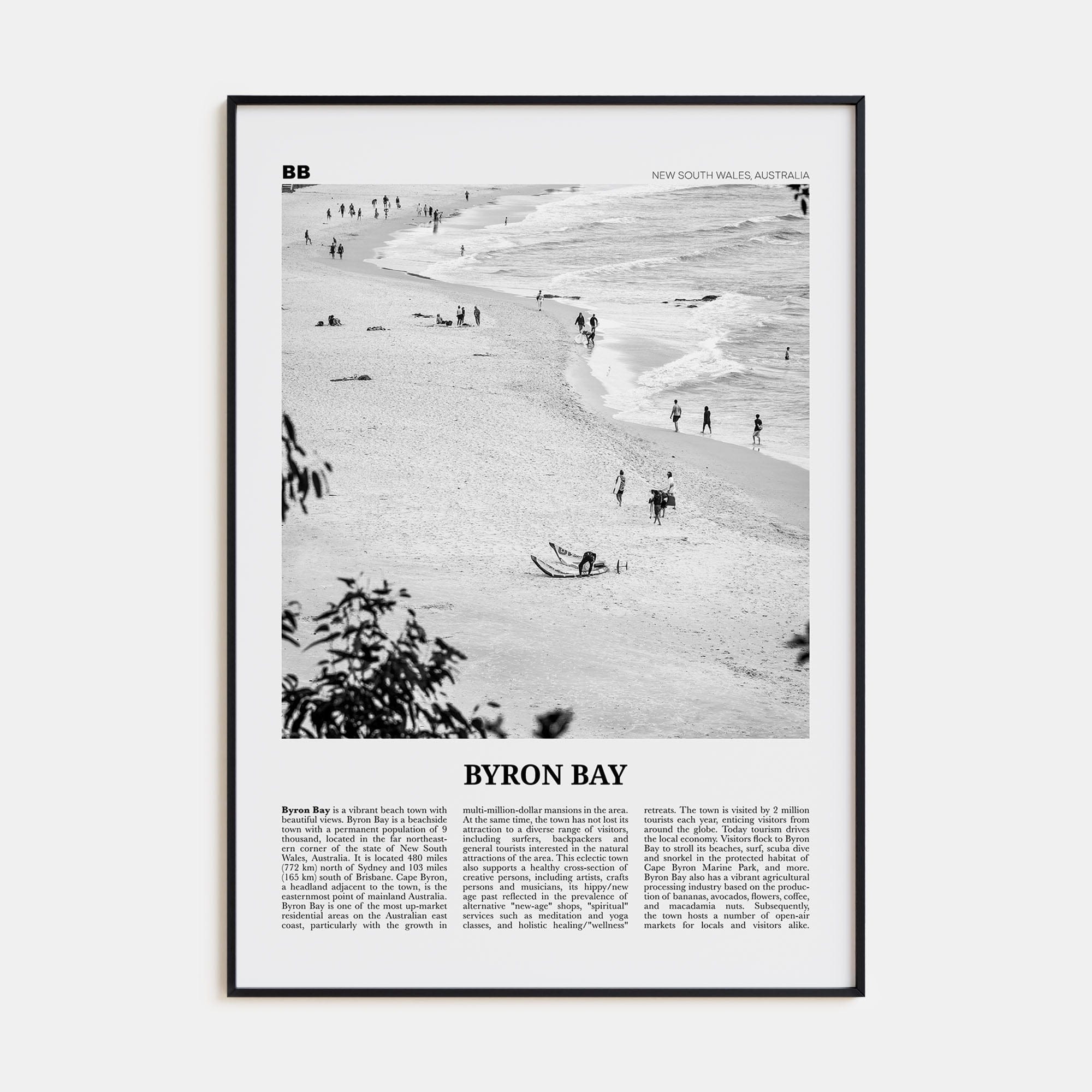 Byron Bay No 1 Poster Black Metal / 8x12 in Nbourhood Travel B&W Poster