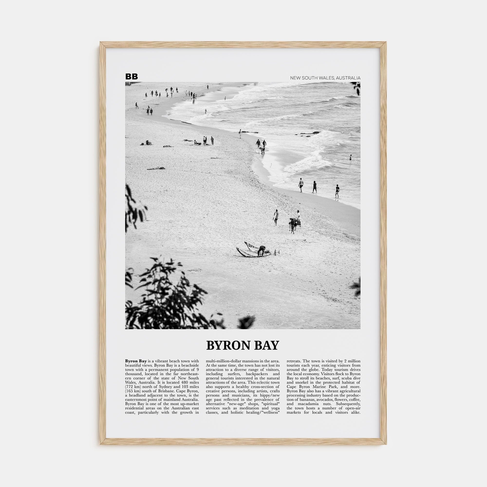 Byron Bay No 1 Poster Natural Wood / 8x12 in Nbourhood Travel B&W Poster