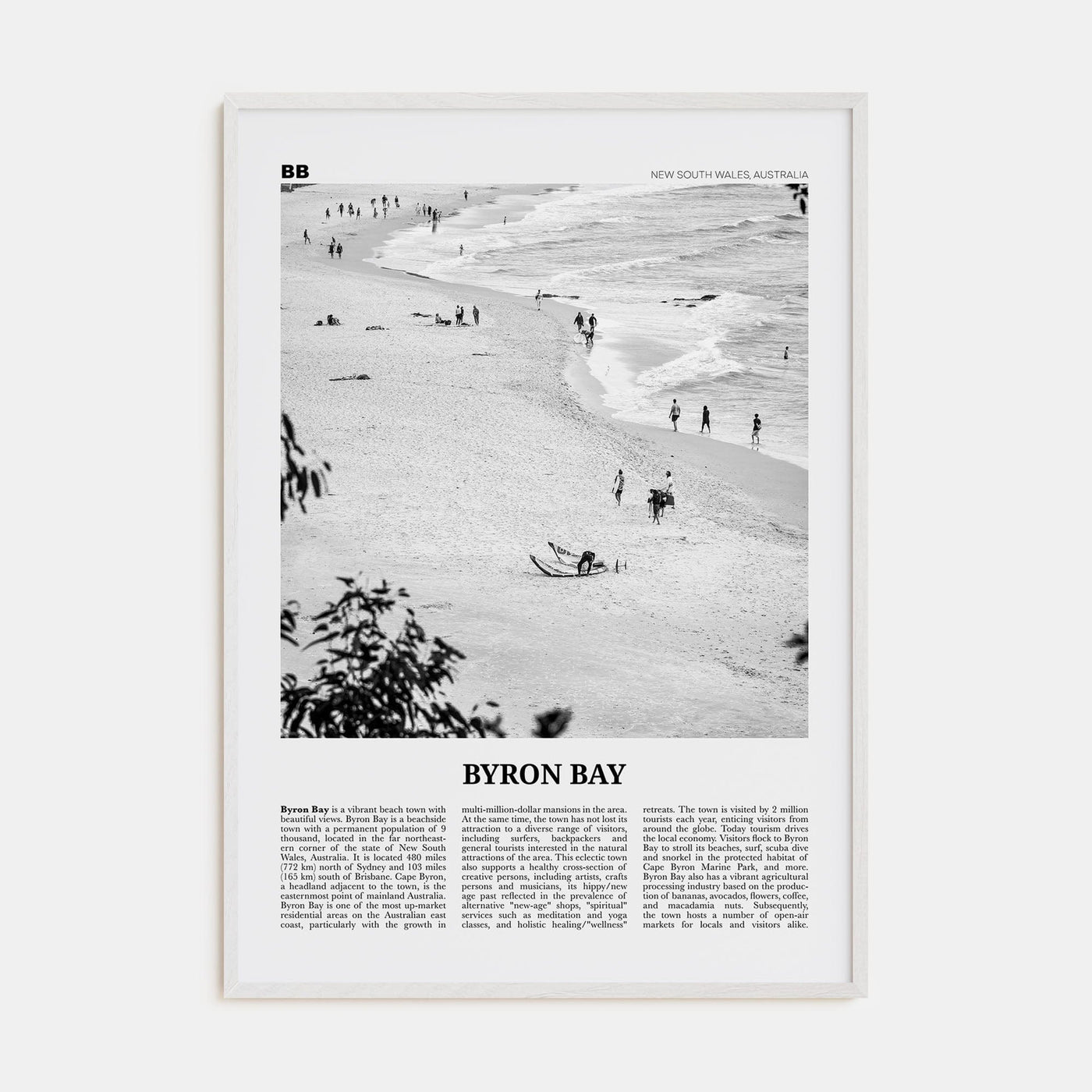 Byron Bay No 1 Poster White Wood / 8x12 in Nbourhood Travel B&W Poster