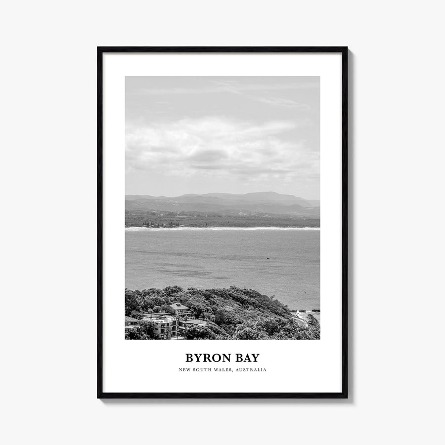 Byron Bay no. 2 black & white classic poster of New South Wales, Australia – vertical wall art, unframed print shown in inter