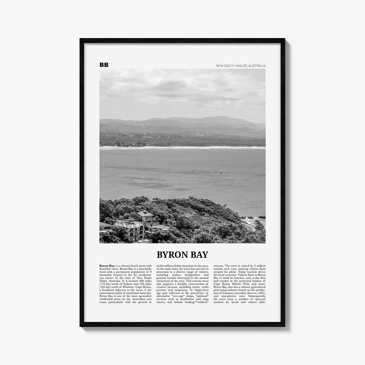 Byron Bay no. 2 black & white newspaper poster of New South Wales, Australia – vertical wall art, unframed print shown in int