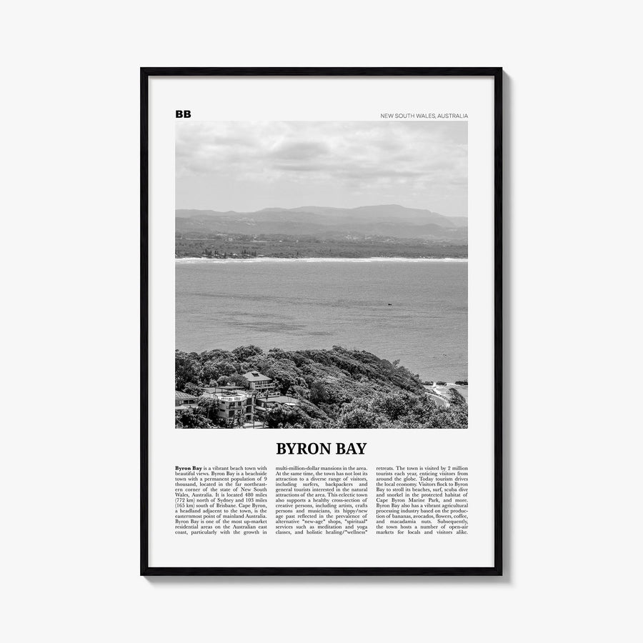 Byron Bay no. 2 black & white newspaper poster of New South Wales, Australia – vertical wall art, unframed print shown in int