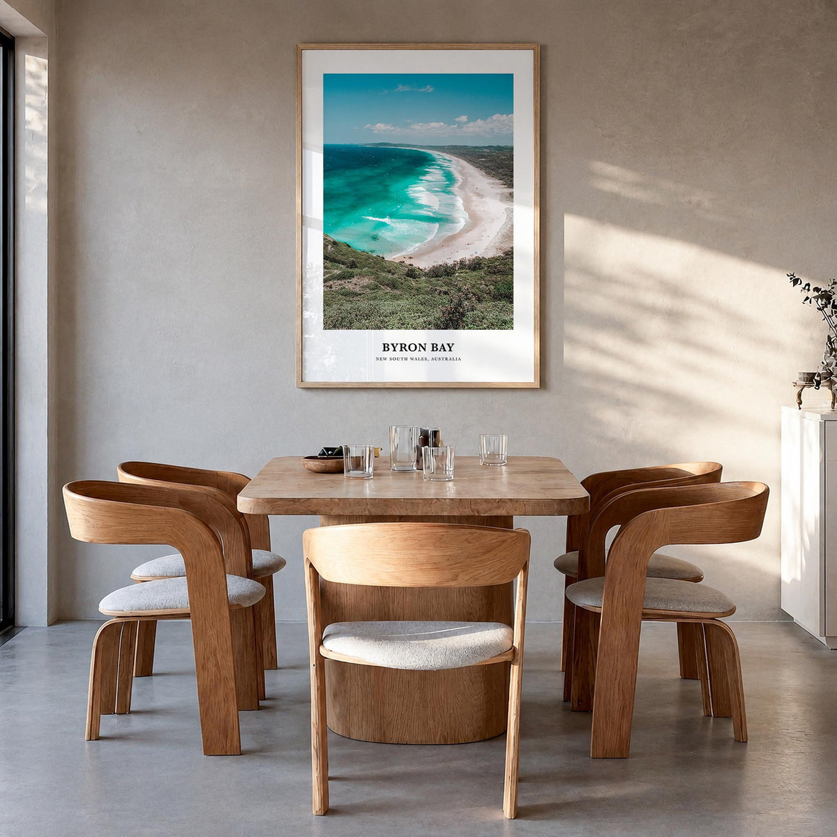 Byron Bay no. 2 colorful classic poster of New South Wales, Australia – vertical wall art in natural wood frame, hanging on w