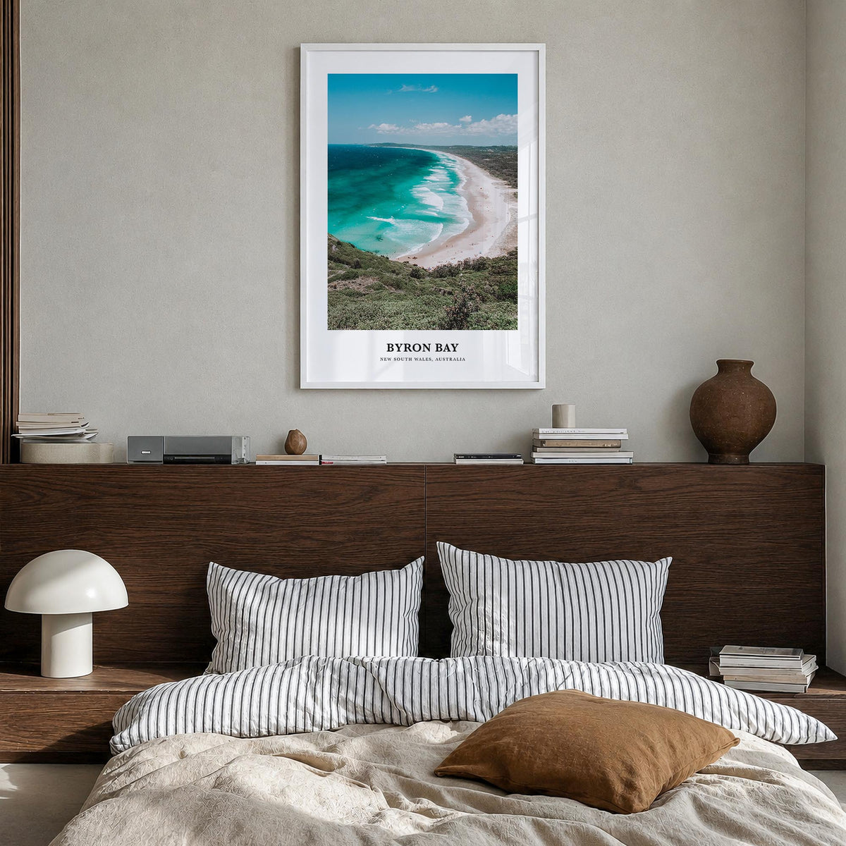 Byron Bay no. 2 colorful classic poster of New South Wales, Australia – vertical wall art in white wood frame, hanging on wal
