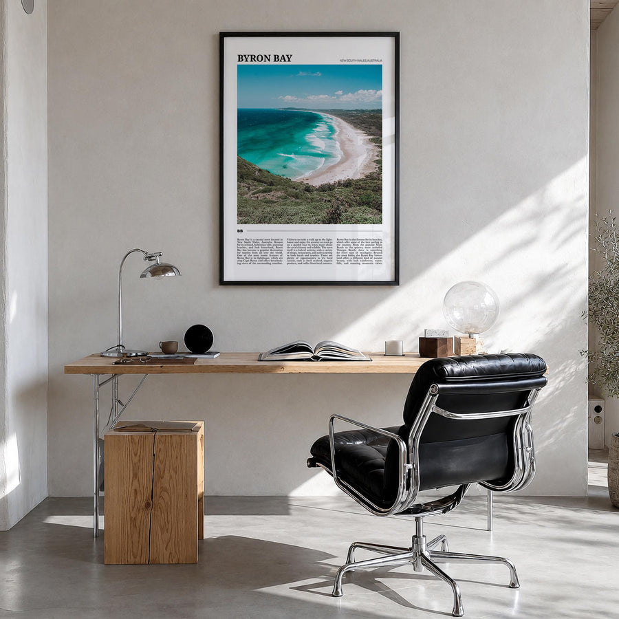 Byron Bay no. 2 colorful travel poster of New South Wales, Australia – vertical wall art in black wood frame, hanging on wall