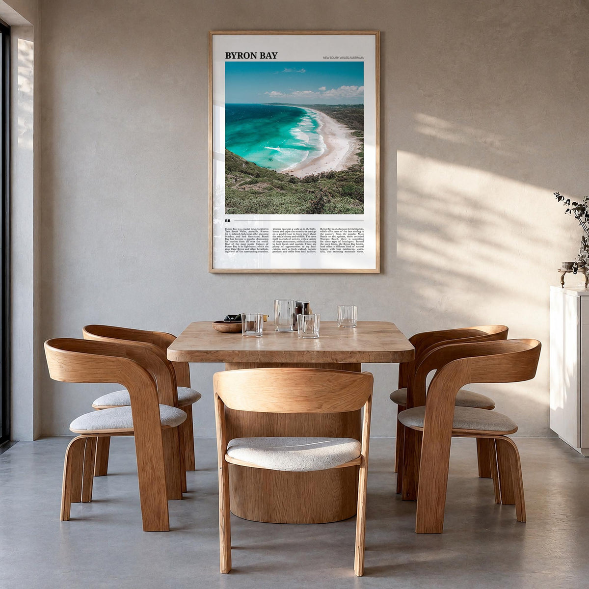 Byron Bay no. 2 colorful travel poster of New South Wales, Australia – vertical wall art in natural wood frame, hanging on wa