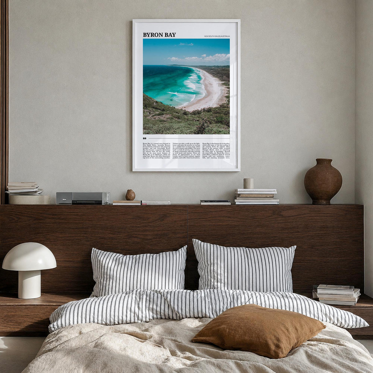 Byron Bay no. 2 colorful travel poster of New South Wales, Australia – vertical wall art in white wood frame, hanging on wall