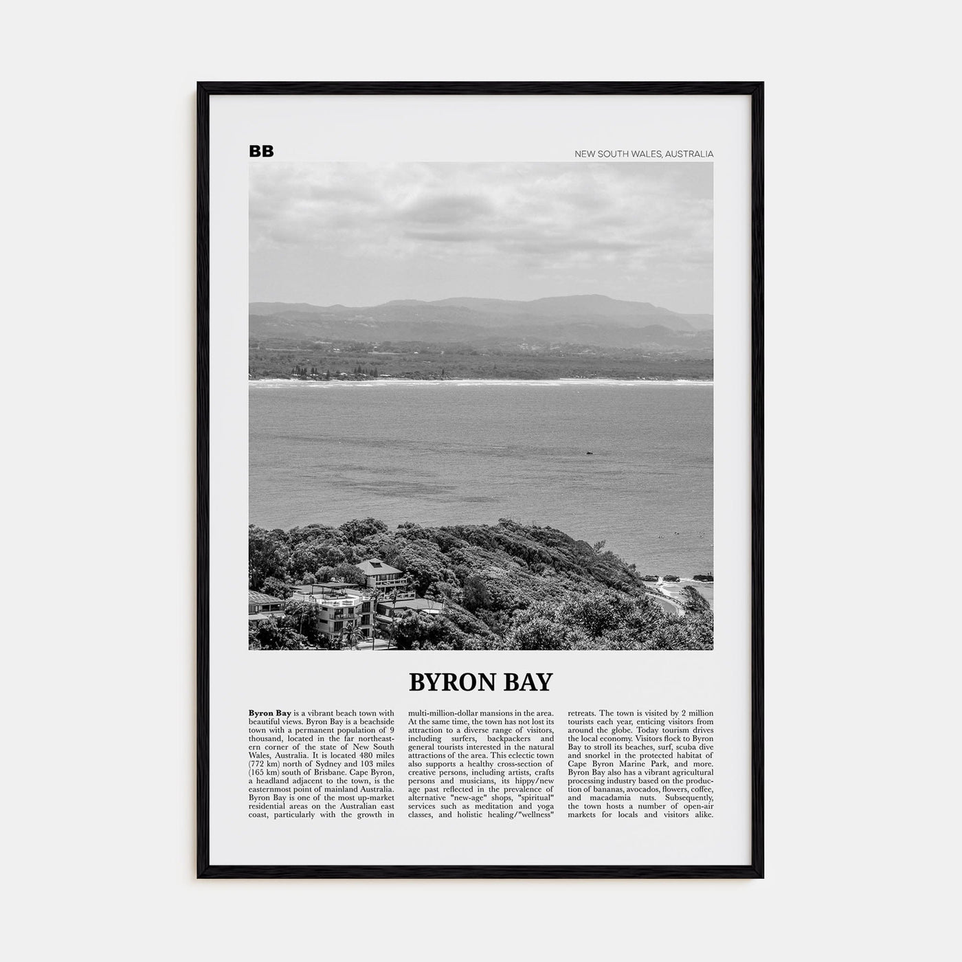 Byron Bay No 2 Poster Black Wood / 8x12 in Nbourhood Travel B&W Poster