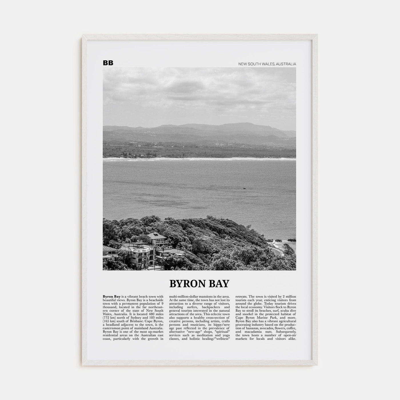 Byron Bay No 2 Poster White Wood / 8x12 in Nbourhood Travel B&W Poster