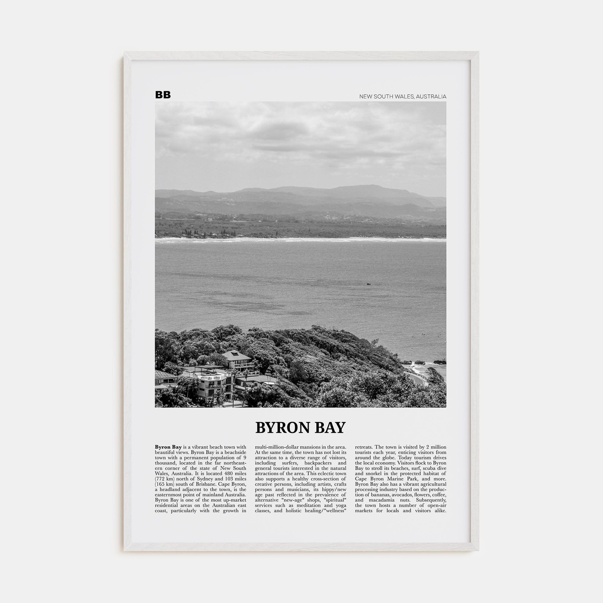 Byron Bay No 2 Poster White Wood / 8x12 in Nbourhood Travel B&W Poster