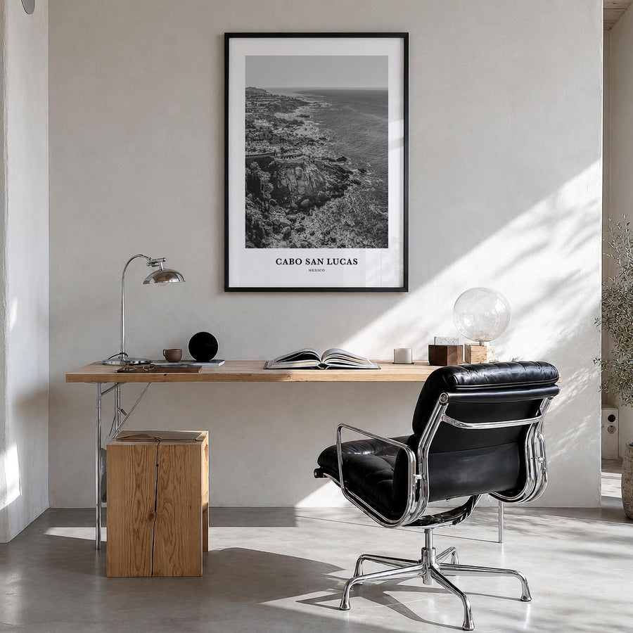 Cabo San Lucas black & white classic poster of Mexico – vertical wall art in black wood frame, hanging on wall