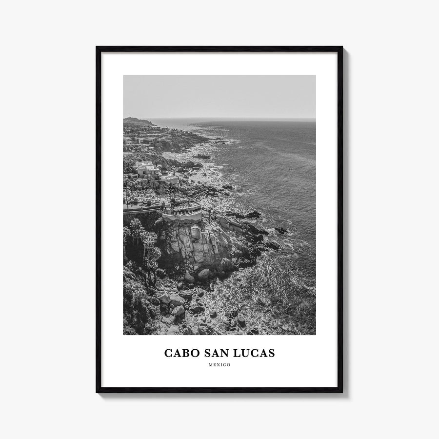Cabo San Lucas black & white classic poster of Mexico – vertical wall art, unframed print shown in interior mockup