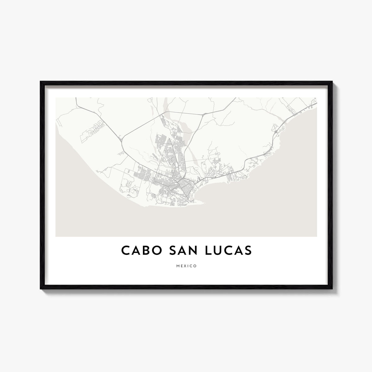 Cabo San Lucas black & white map poster of Mexico – horizontal wall art, unframed print shown in interior mockup