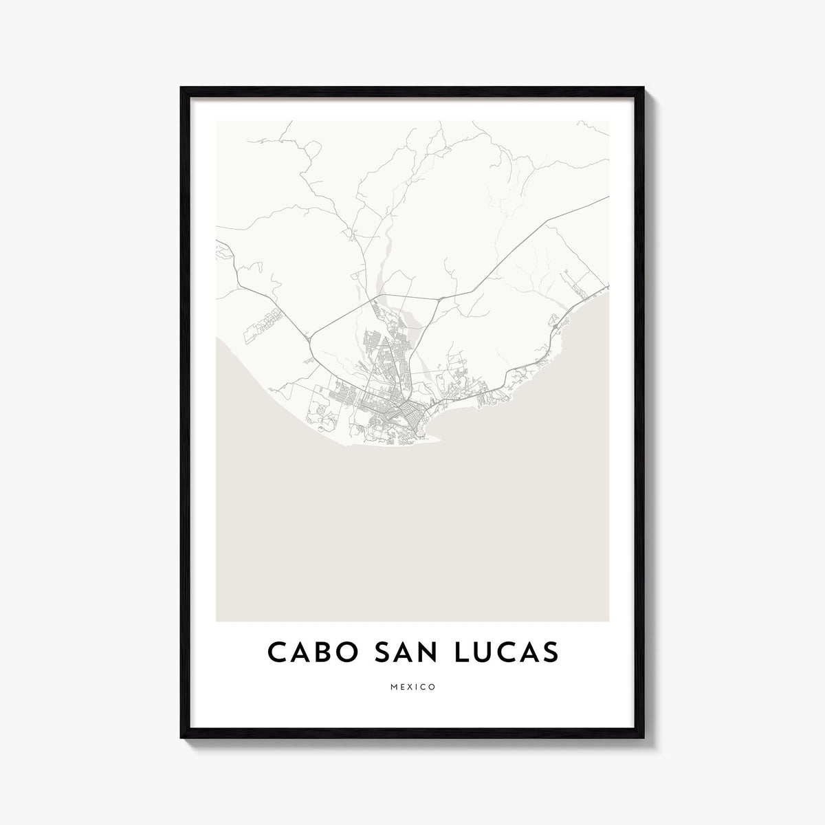 Cabo San Lucas black & white map poster of Mexico – vertical wall art, unframed print shown in interior mockup