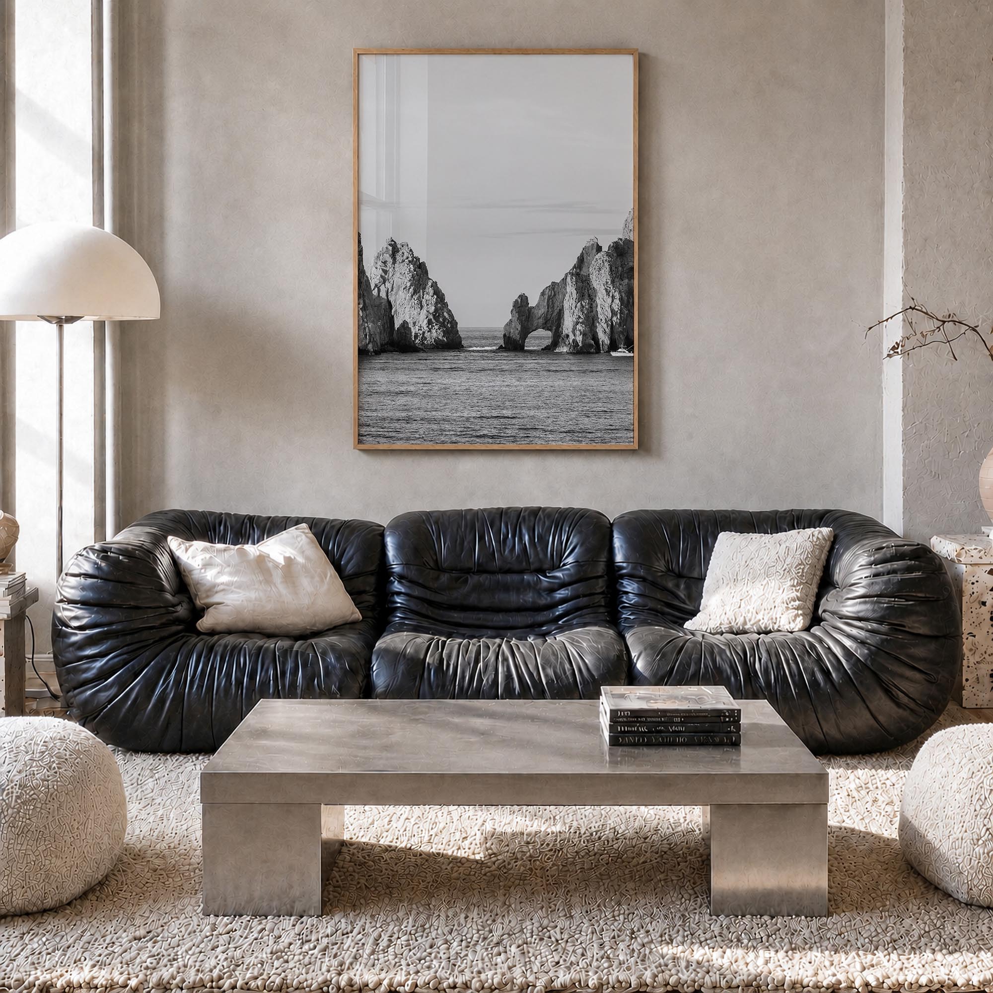 Cabo San Lucas black & white photo poster of Mexico – vertical wall art in natural wood frame, hanging on wall