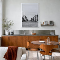Cabo San Lucas black & white photo poster of Mexico – vertical wall art in white wood frame, hanging on wall