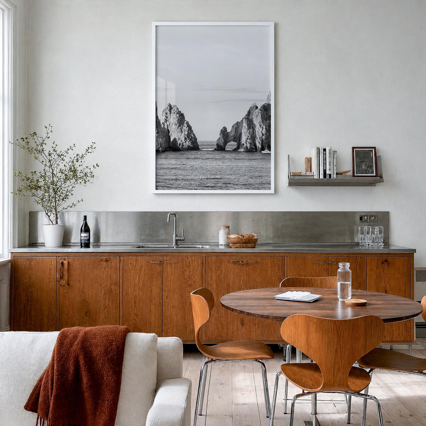 Cabo San Lucas black & white photo poster of Mexico – vertical wall art in white wood frame, hanging on wall