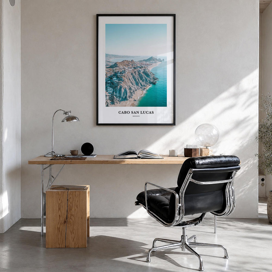 Cabo San Lucas colorful classic poster of Mexico – vertical wall art in black wood frame, hanging on wall