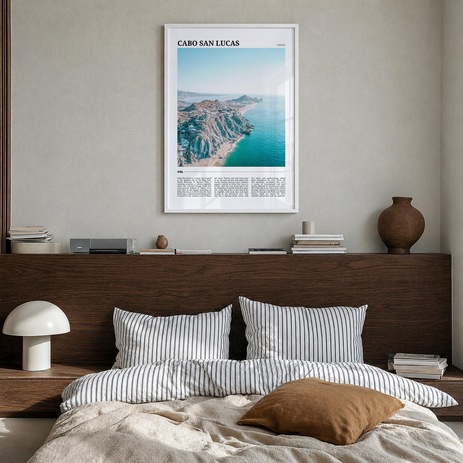 Cabo San Lucas colorful travel poster of Mexico – vertical wall art in white wood frame, hanging on wall