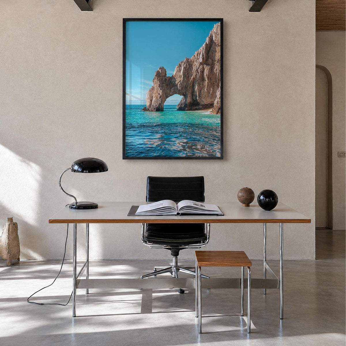 Cabo San Lucas no. 1 colorful photo poster of Mexico – vertical wall art in black wood frame, hanging on wall