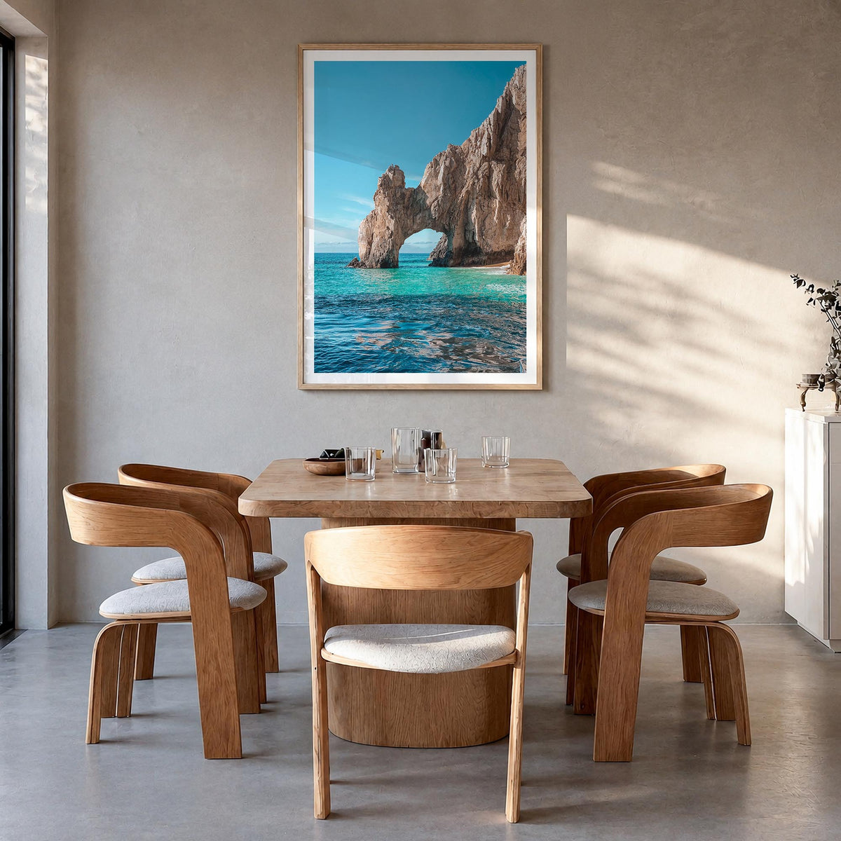 Cabo San Lucas no. 1 colorful photo poster of Mexico – vertical wall art in natural wood frame with white border, hanging on 