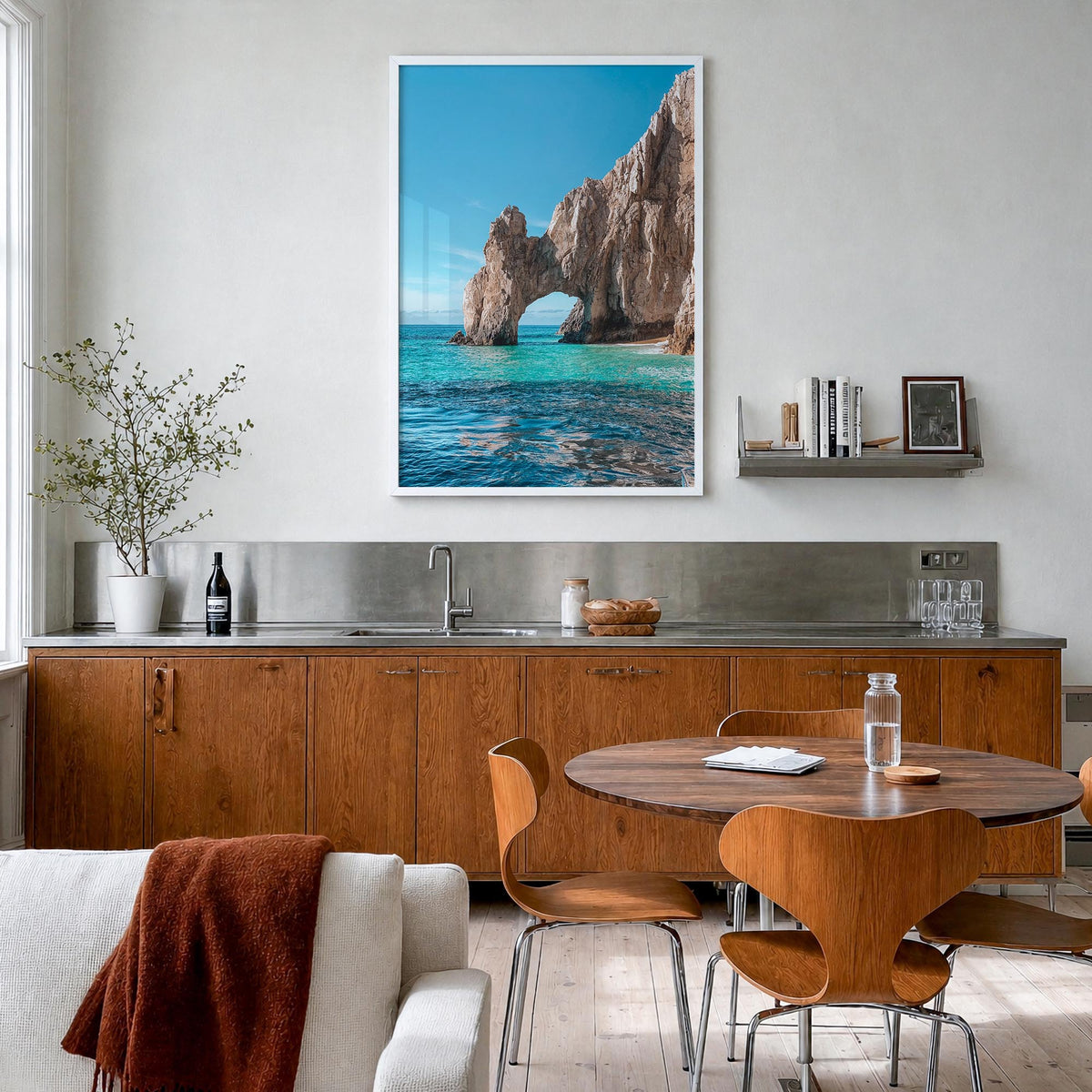 Cabo San Lucas no. 1 colorful photo poster of Mexico – vertical wall art in white wood frame, hanging on wall