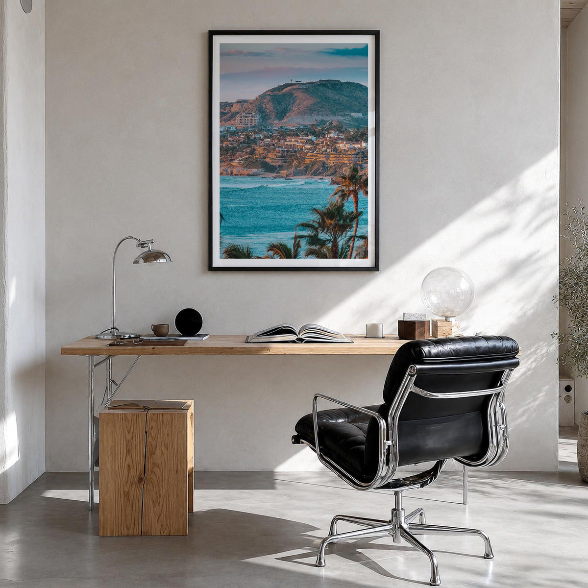 Cabo San Lucas no. 2 colorful photo poster of Mexico – vertical wall art in black wood frame with white border, hanging on wa