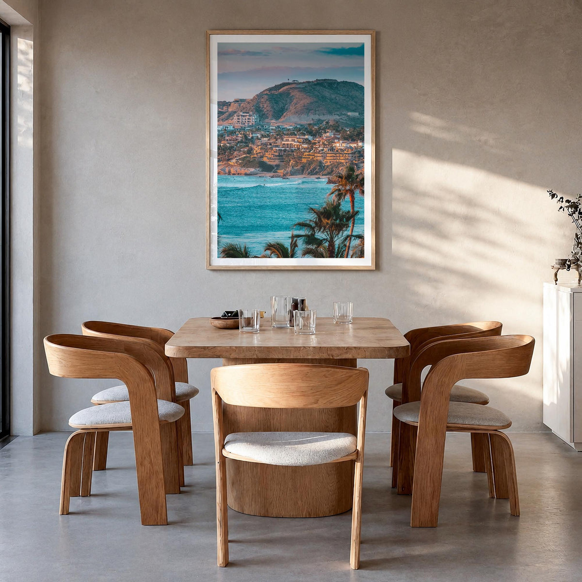Cabo San Lucas no. 2 colorful photo poster of Mexico – vertical wall art in natural wood frame with white border, hanging on 