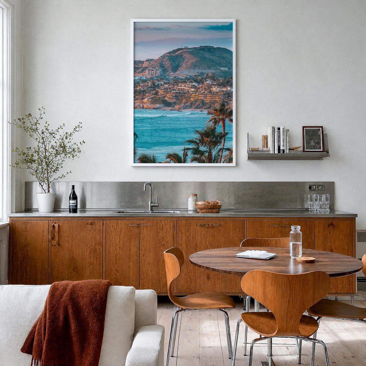 Cabo San Lucas no. 2 colorful photo poster of Mexico – vertical wall art in white wood frame, hanging on wall