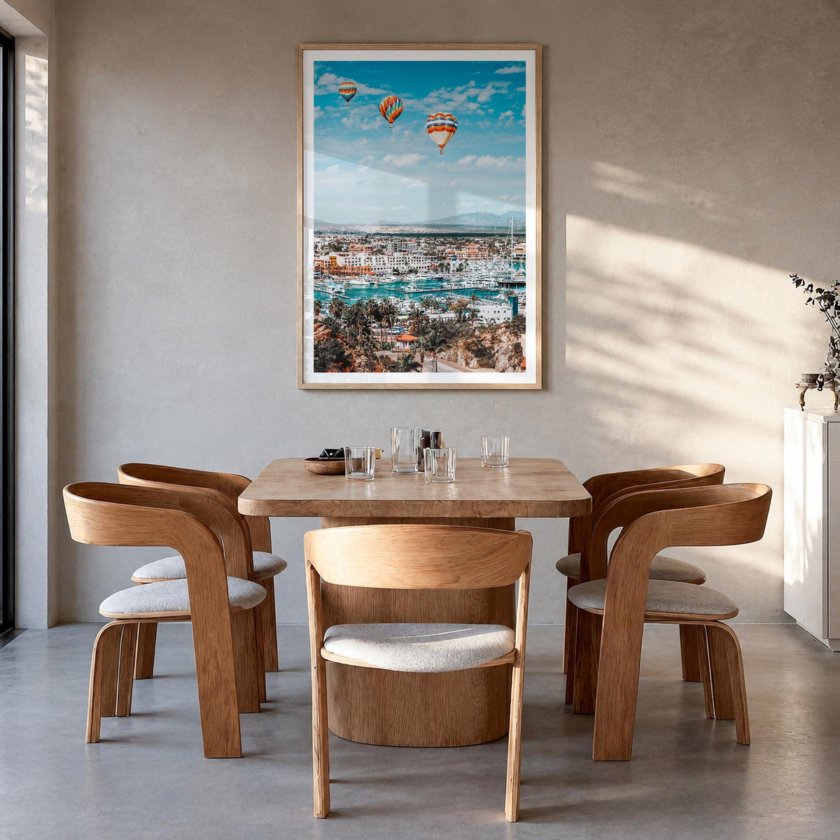 Cabo San Lucas no. 3 colorful photo poster of Mexico – vertical wall art in natural wood frame with white border, hanging on 