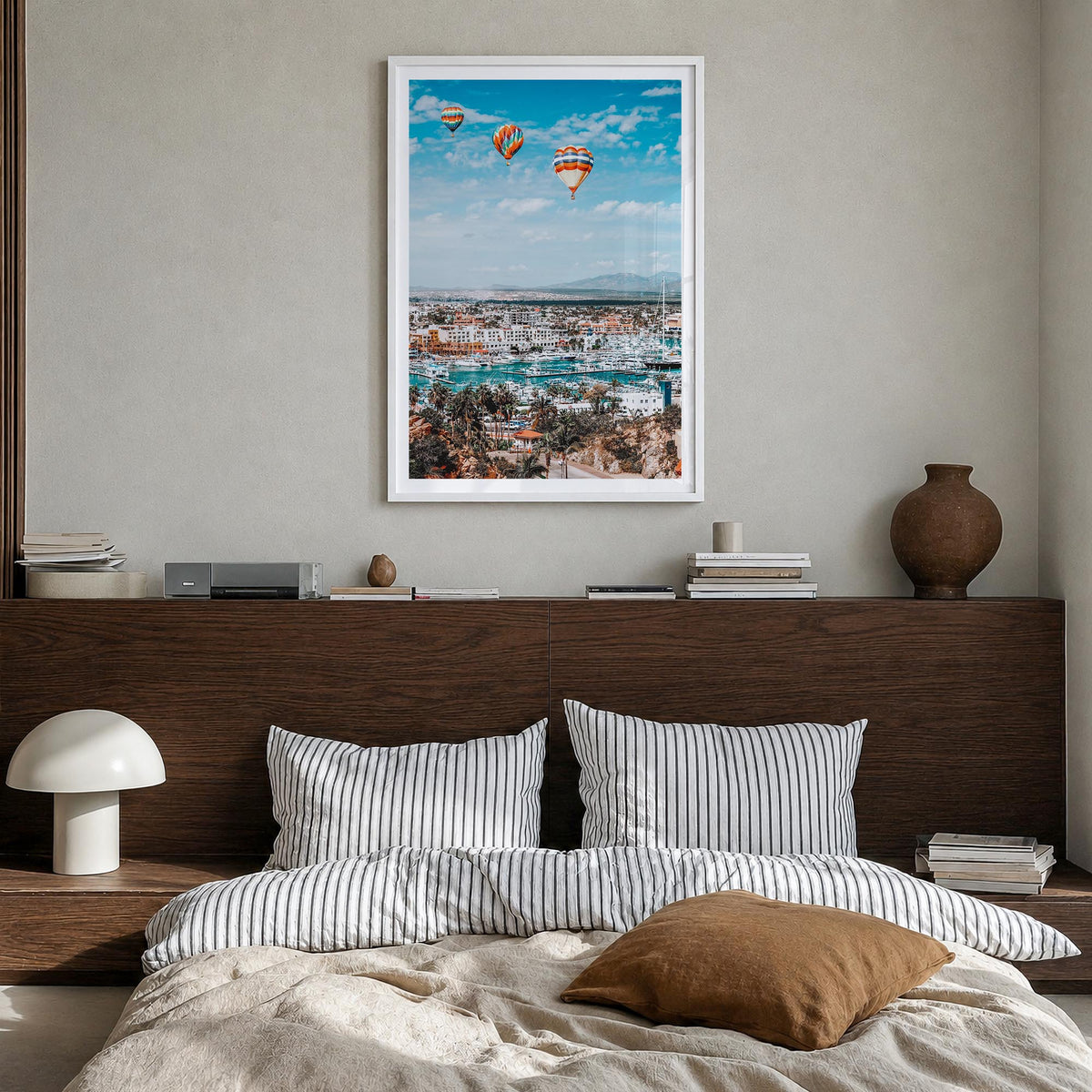 Cabo San Lucas no. 3 colorful photo poster of Mexico – vertical wall art in white wood frame with white border, hanging on wa