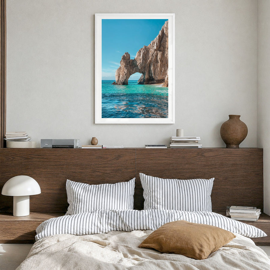 Cabo San Lucas Photo No 1 Poster in a white wood frame, hanging in a bedroom, white border