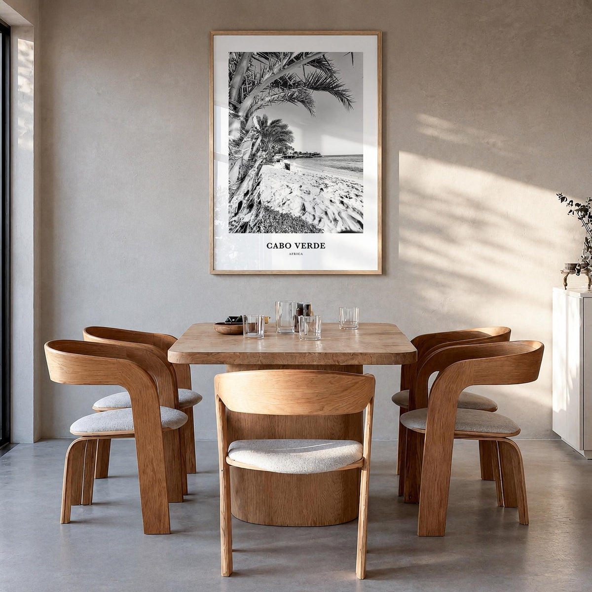 Cabo Verde black & white classic poster of Africa – vertical wall art in natural wood frame, hanging on wall