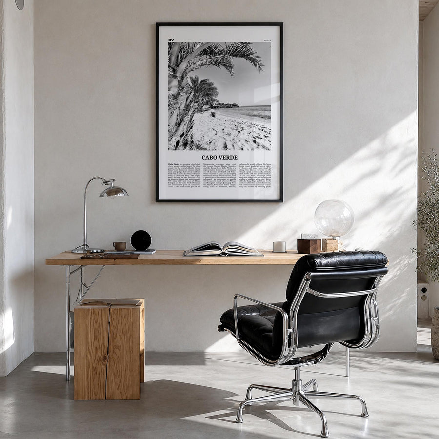 Cabo Verde black & white newspaper poster of Africa – vertical wall art in black wood frame, hanging on wall
