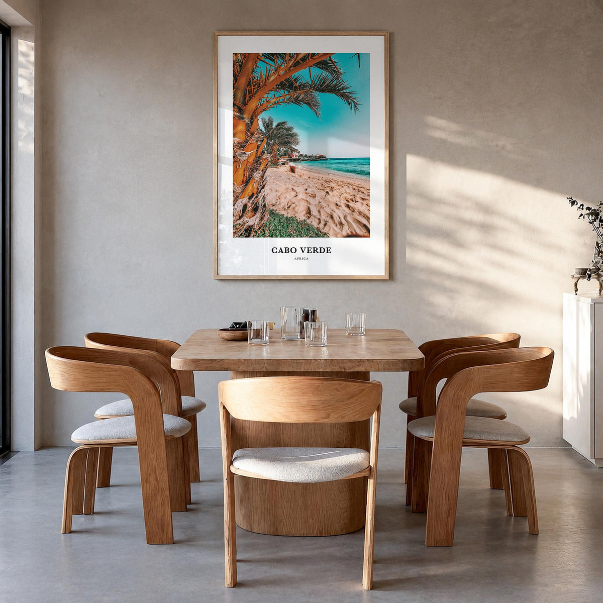 Cabo Verde colorful classic poster of Africa – vertical wall art in natural wood frame, hanging on wall