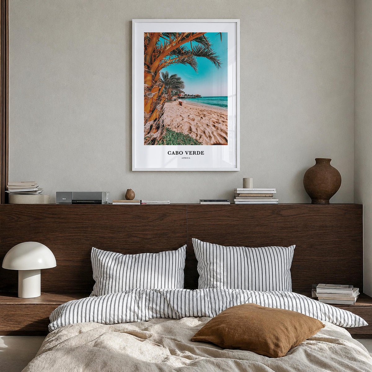 Cabo Verde colorful classic poster of Africa – vertical wall art in white wood frame, hanging on wall