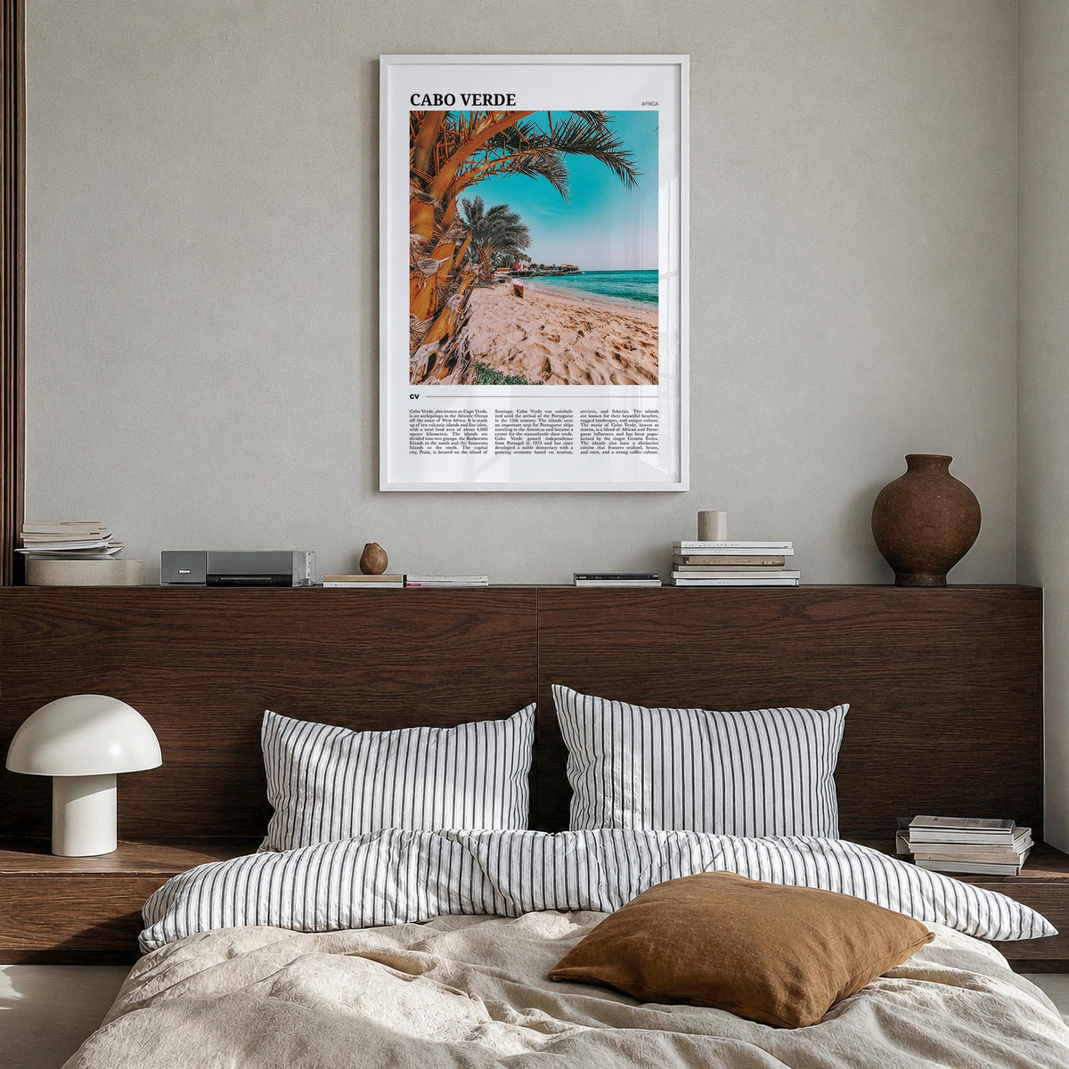 Cabo Verde colorful travel poster of Africa – vertical wall art in white wood frame, hanging on wall