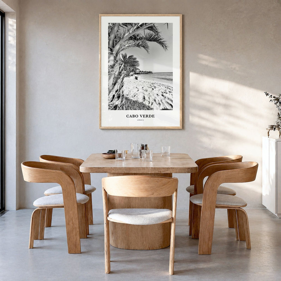 Cabo Verde Classic Poster in a natural wood frame, hanging in a dining room