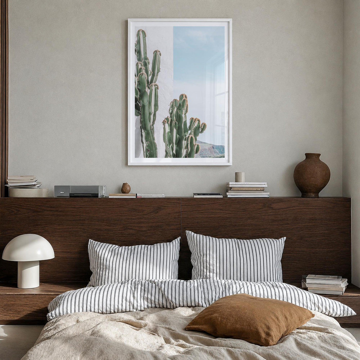 Cactus no. 1 colorful photo poster – vertical wall art in white wood frame with white border, hanging on wall